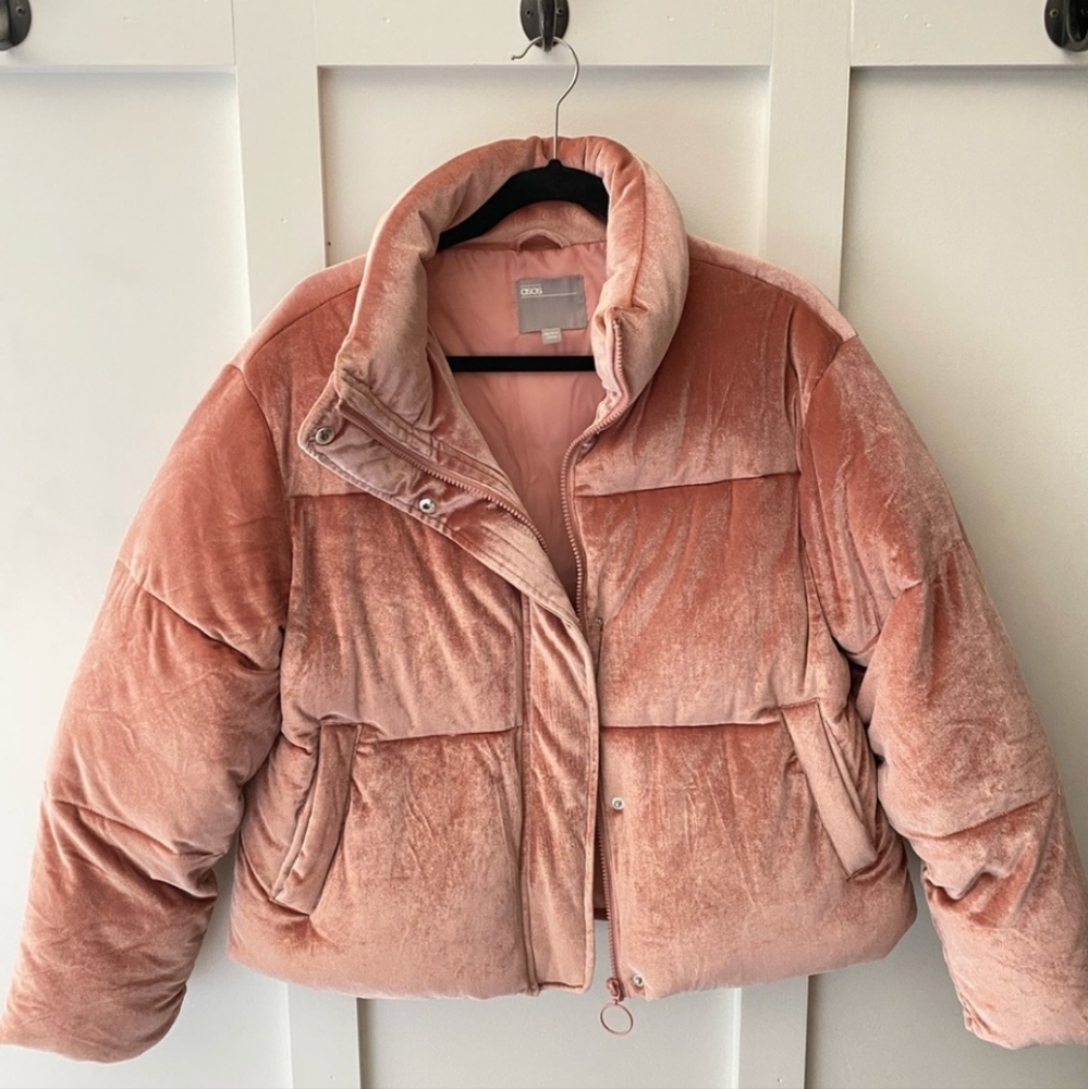 Pink velvet puffer coat